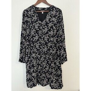 Garnet Hill Dress 10 Black Floral Long Sleeve Drop Waist‎ New
